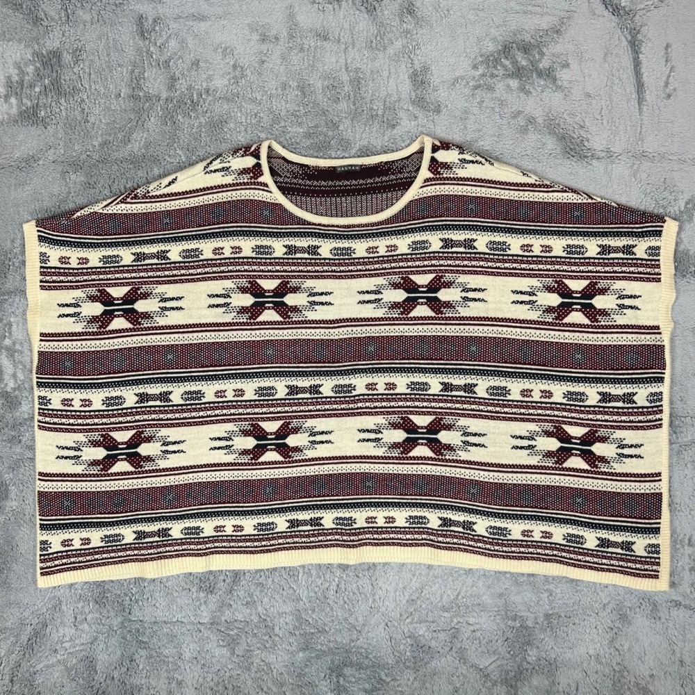 Hannah Womens Southwestern Tribal Knit Poncho Top Burgundy Cream Navy Blue OS